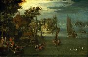 Jan Brueghel, A Busy River Scene with Dutch Vessels and a Ferry